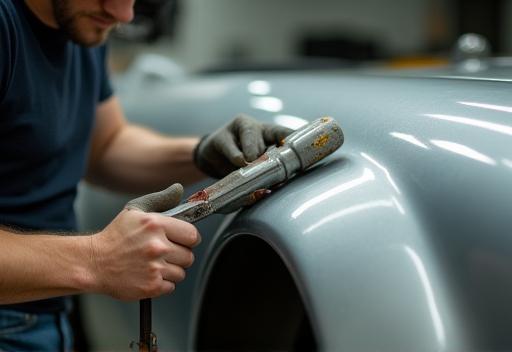 Photo showing detailed bodywork on a classic car's fender being hammered