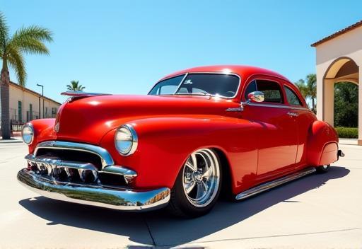 Photo of a fully restored classic car gleaming in sunlight