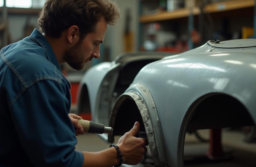 Restoration in progress: skilled metal worker shaping a body panel on the Porsche 356A